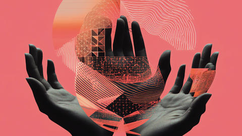 Three hands with the palms facing up against a coral pink background. Matrix-like swirls with different patterns are above the hands.
