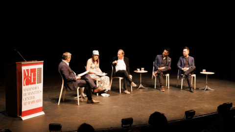 Sean Kelly (from left), Stephanie Burt, Adam Gopnik, Vijay Iyer, and Viet Thanh Nguyen.