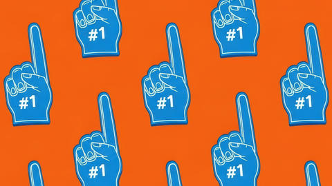 Blue foam fingers with "#1" printed on them against an orange background