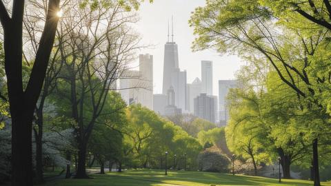 A cityscape from the perspective of the middle of the park, framed by trees