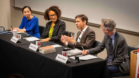 (from left) Panelists Jie Li , Emily Greenwood, and David Elmer with moderator Robin Kelsey