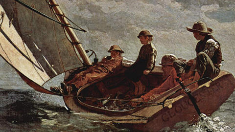 painting of several men in a small boat