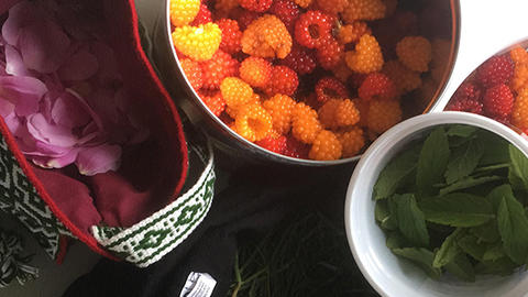 bowls of berries, leaves, and petals