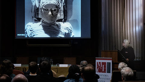 dark room with projected movie