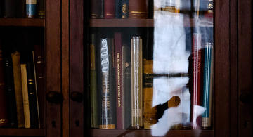 reflection of speaker on bookcase