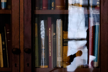 A bookshelf, with the silhouette of a speaker reflected in the glass door.