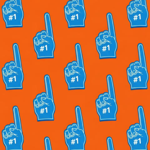 Blue foam fingers with "#1" printed on them against an orange background