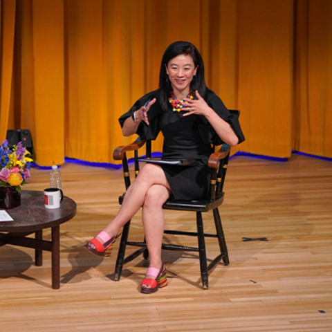 Danielle Allen and Hahrie Han, seated next to each other with a small table in between.