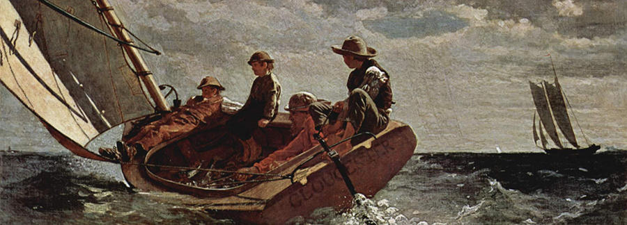 painting of several men in a small boat