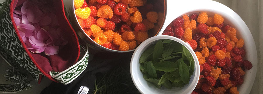 bowls of berries, leaves, and petals