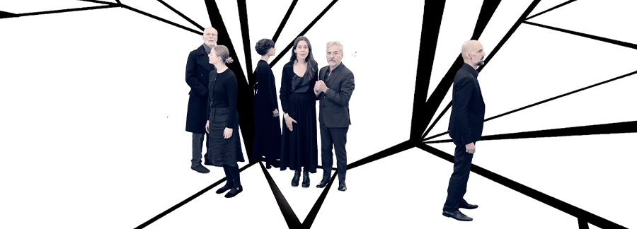 chekhovOS /an experimental game/. Five people, dressed in black, stand scattered through a blank white space, with black lines crisscrossing around.