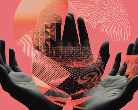 Three hands with the palms facing up against a coral pink background. Matrix-like swirls with different patterns are above the hands.