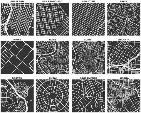 Aerial layouts of different cities
