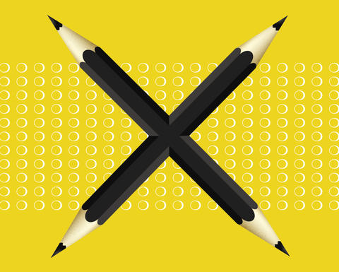 Pencils crossed in an "X" against a yellow background
