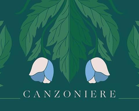 Cover of Canzoniere, featuring blue and white flowers and green leaves against a dark blue-green background