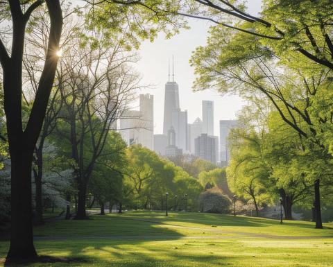 A cityscape from the perspective of the middle of the park, framed by trees