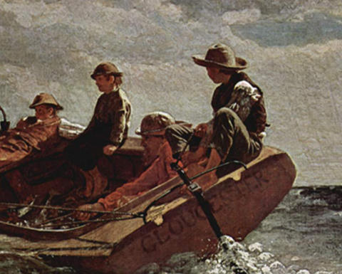 painting of several men in a small boat