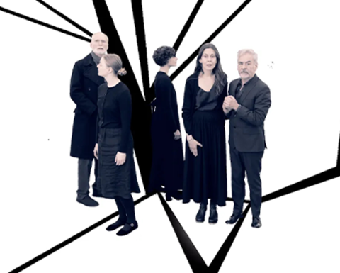 chekhovOS /an experimental game/. Five people, dressed in black, stand scattered through a blank white space, with black lines crisscrossing around.